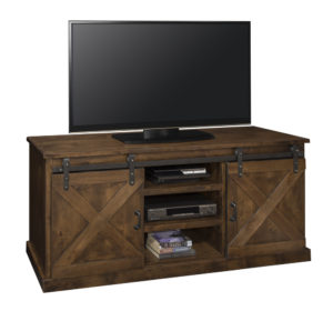 Farmhouse TV console 56" W Aged Whiskey finish with TV on it