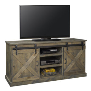 Farmhouse style TV console with TV on it barnwood finish