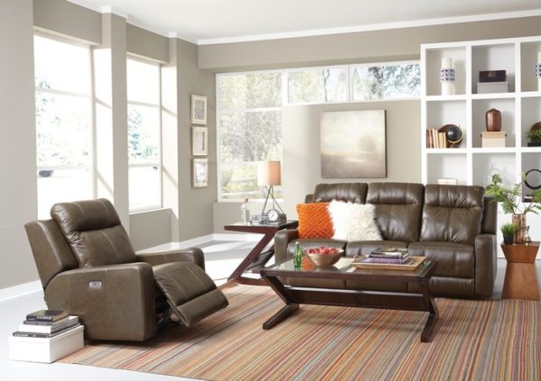 Palliser Redwood Brown Leather Sofa and Power recliner with power headrest in living room setting