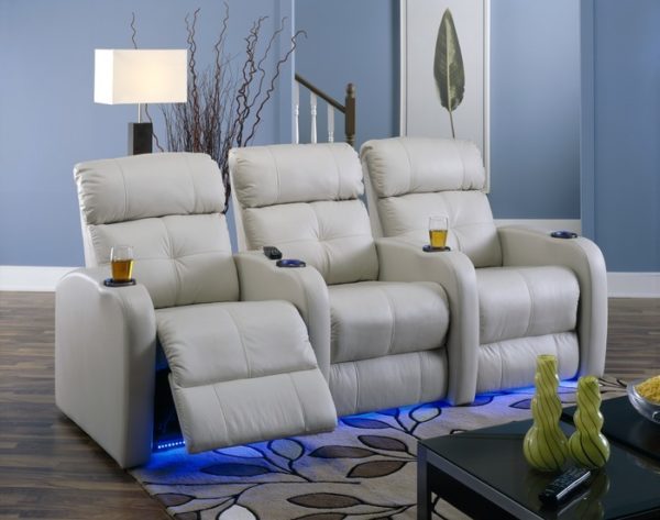 Palliser Stereo 3 seat leather home theater seating group shown in white leather in living room setting