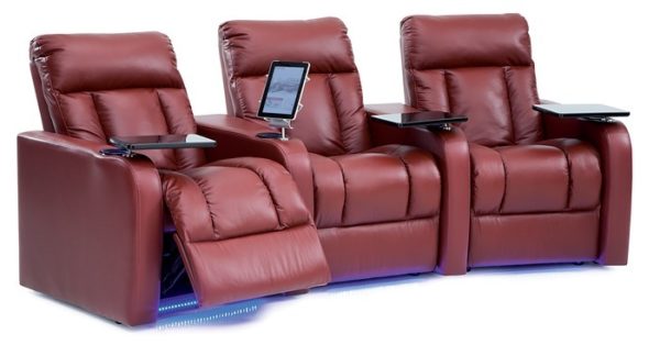 Palliser Wills home theater seat three seat group with tray tables, LED, and tablet holder