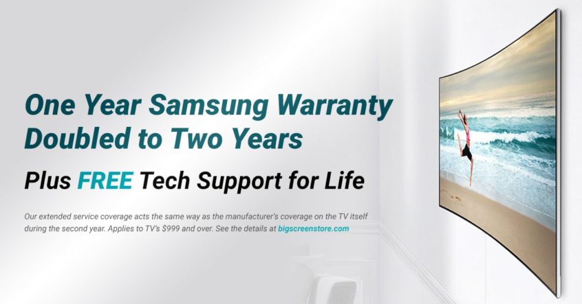 "One Year Samsung Warranty Double to Two Years Plus Free Tech Support for life" ad with image of TV hanging on wall