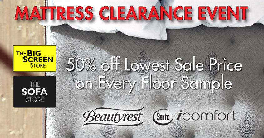 Banner ad "Mattress Clearance Event 50% off Lowest Sale Price on Every Floor Sample Beautyrest Serta Icomfort"
